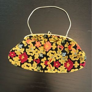 Vintage Mod Flora Floral Tapestry Handbag Carpet Bag Chain Links Handle